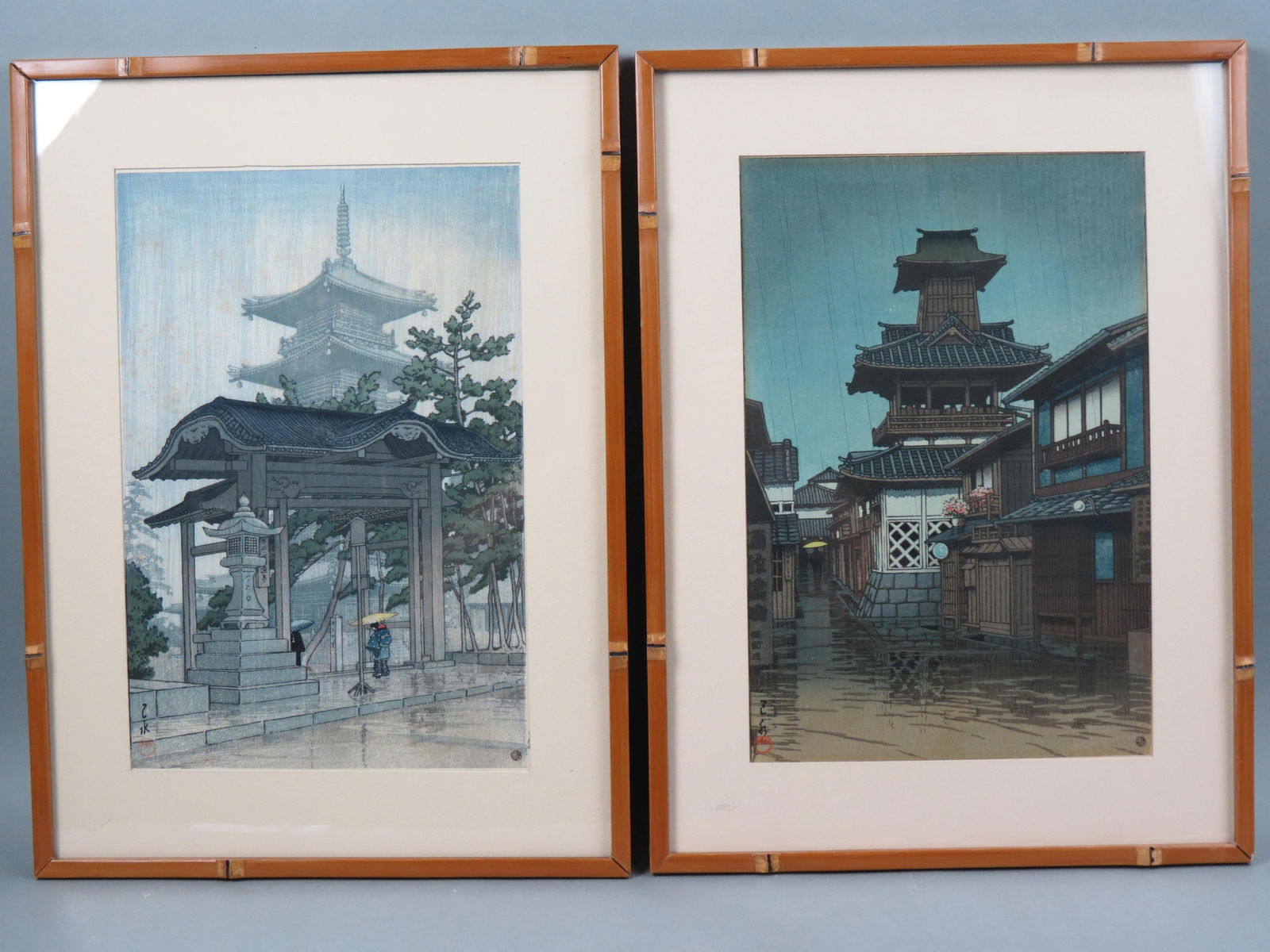2 Japanese Woodblocks of Temples by Hasui Kawase, (1 of 15)
