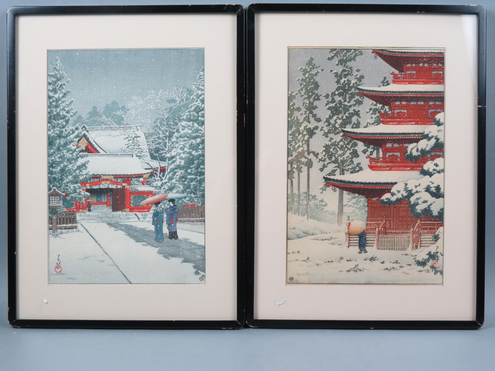 2 Japanese Woodblocks of Winter Scenes, (1 of 9)