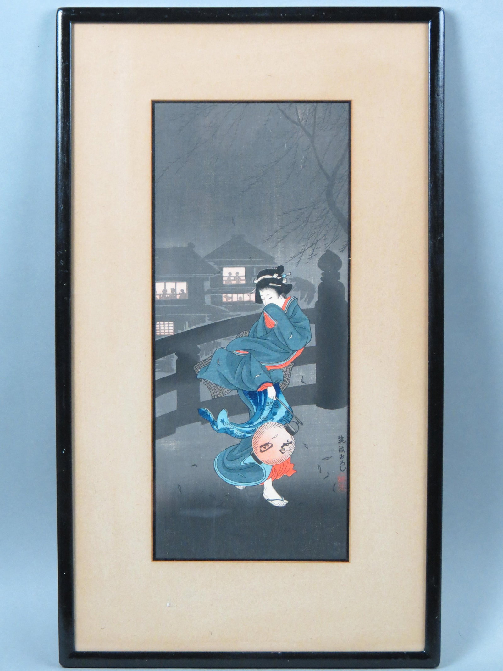 Japanese Woodblock, Night scene by Shiwasu,: Wind Blowing down Tsukuba, image area 7" X 15" plus mat and frame.