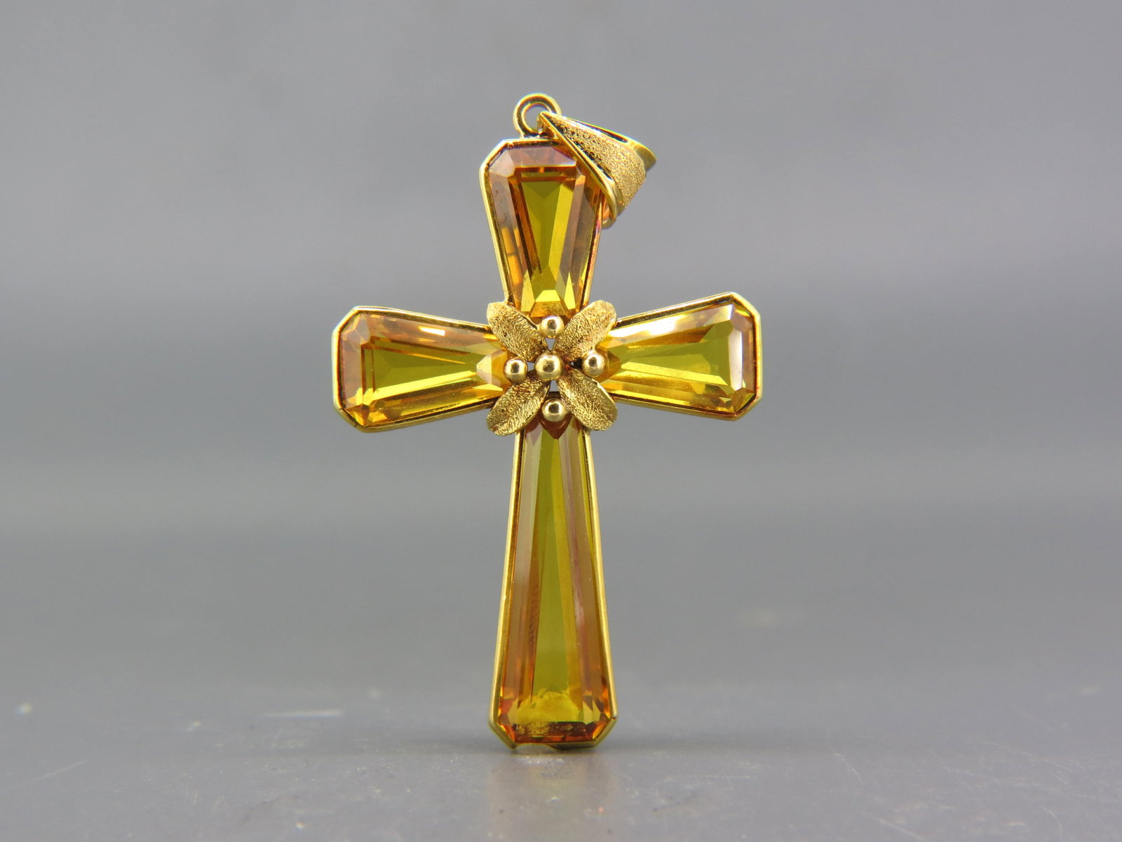 Citrine 14K Gold Cross Pendant,: vivid fancy cut gems in yellow gold, 2" long, 7 grams, excellent.