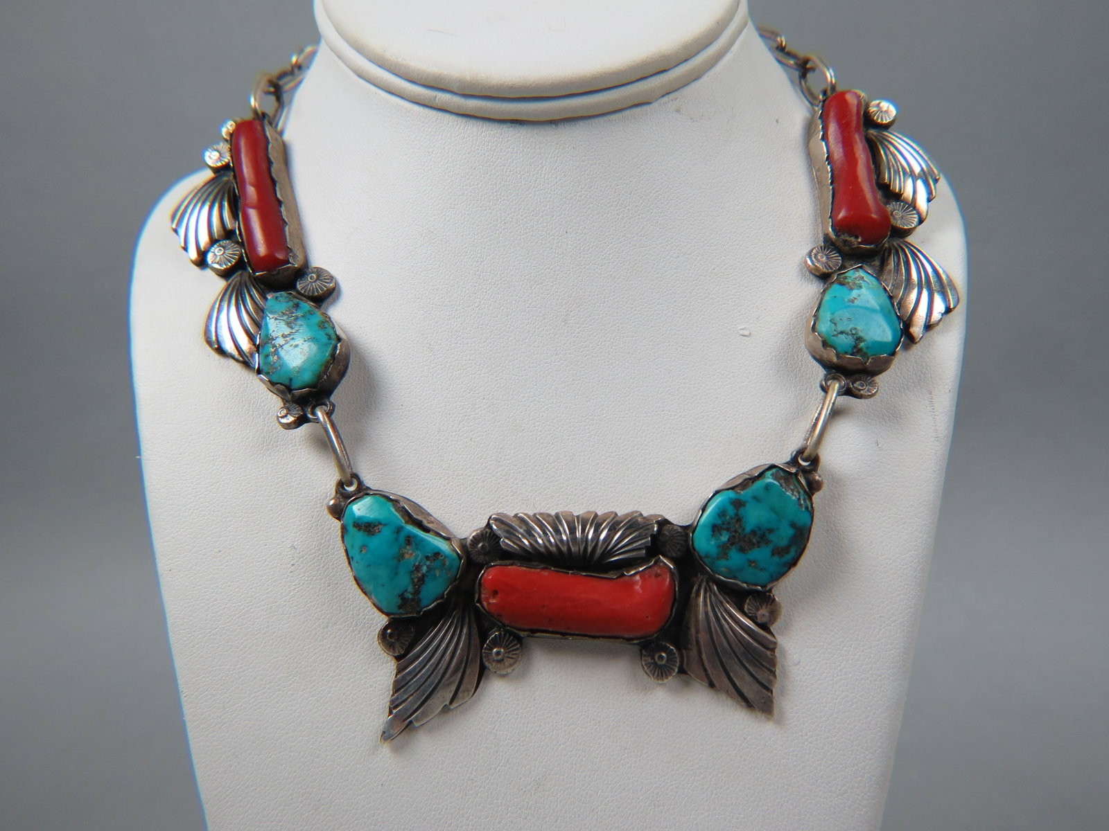 Navajo Turquoise & Coral Sterling Necklace,: 3 stations, 90 grams, 17" long.