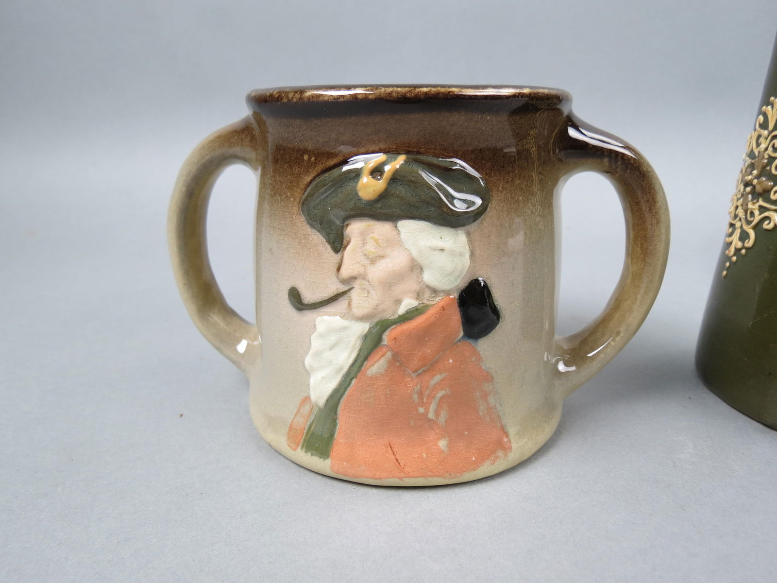 Weller Pottery "Dickensware" Two Handled Mug, (1 of 1)