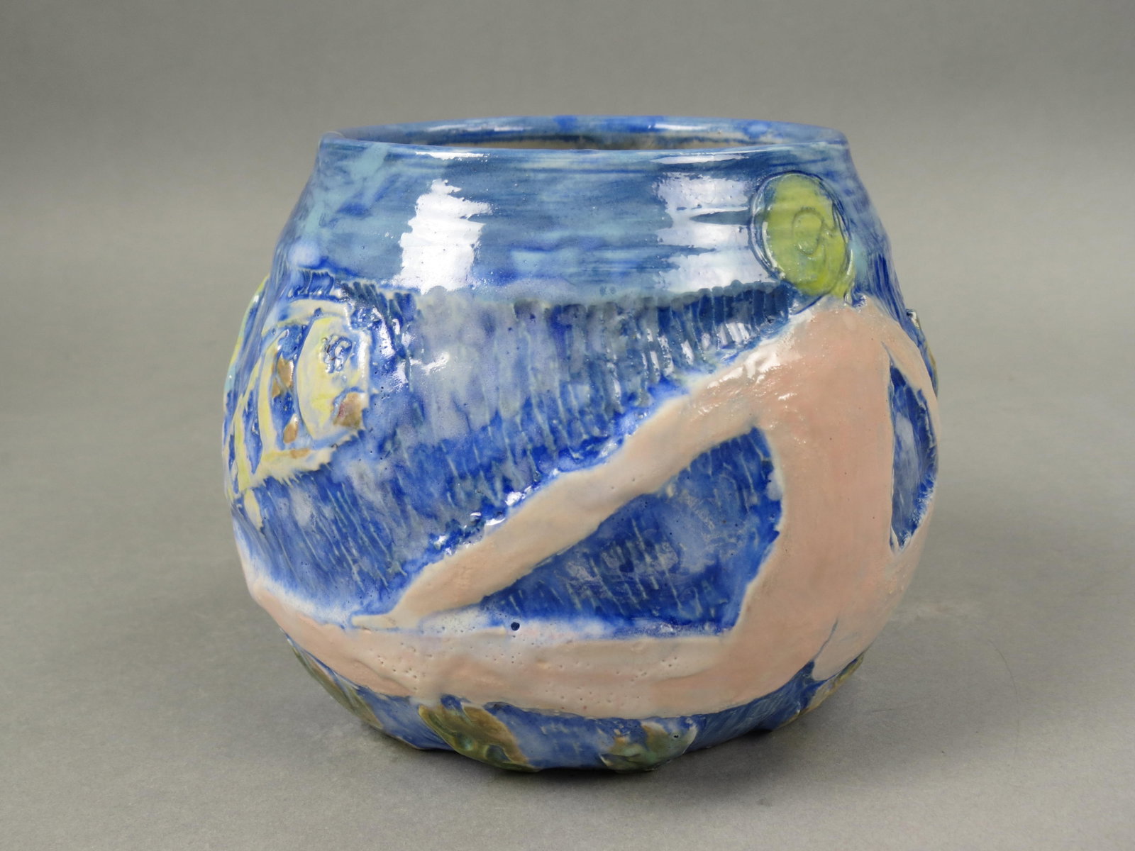 Jo Ann Greenberg (New Orleans) Art Pottery Vase, Newcomb style,: nude and fish decor, Newcomb style, blue background, signed, 5" tall, 6 1/2" diameter, excellent.