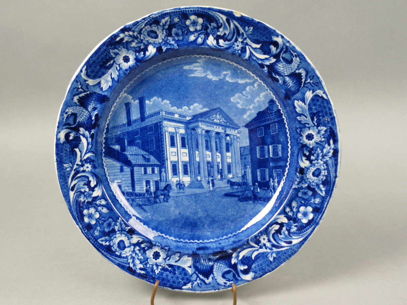 Staffordshire Blue Historical America Plate,: Bank of the United States, Philadelphia, by Joseph Stubbs, circa 1815, 10 1/4", excellent.