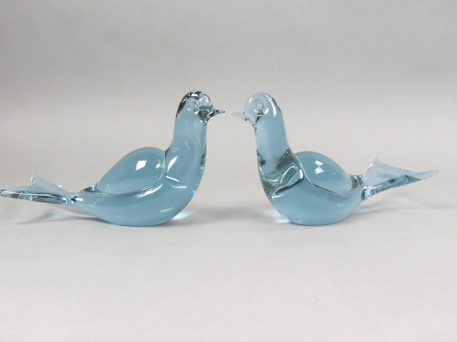 Pair of Signed Art Glass Birds,: teal blue, 8 3/4" long, 5" tall, excellent.