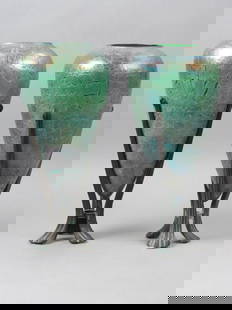 Pair of Italian Art Glass Vases,: Amphora style with textured green iridescent glass fitting into bronze tri-pod bases, 13 1/2" tall, excellent.