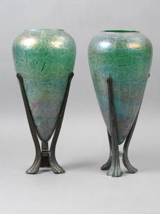 Pair of Italian Art Glass Vases,: Amphora style with textured green iridescent glass fitting into bronze tri-pod bases, 13 1/2" tall, excellent.