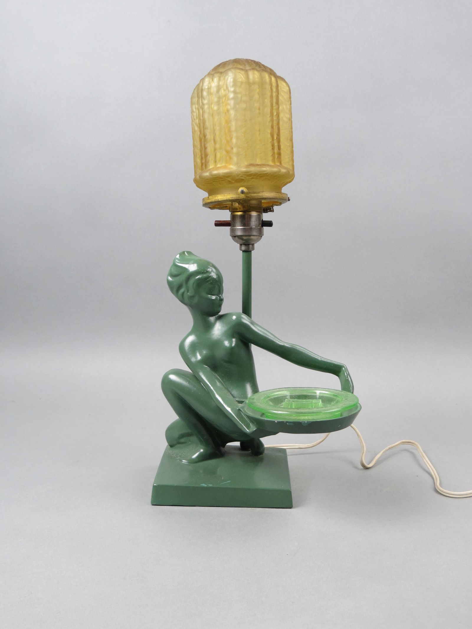 Frankart Art Deco Figural Lamp of Female Nude,: green finish with amber crackle design shade, green glass ashtray, 17" tall, signed, FRANKART, repainted