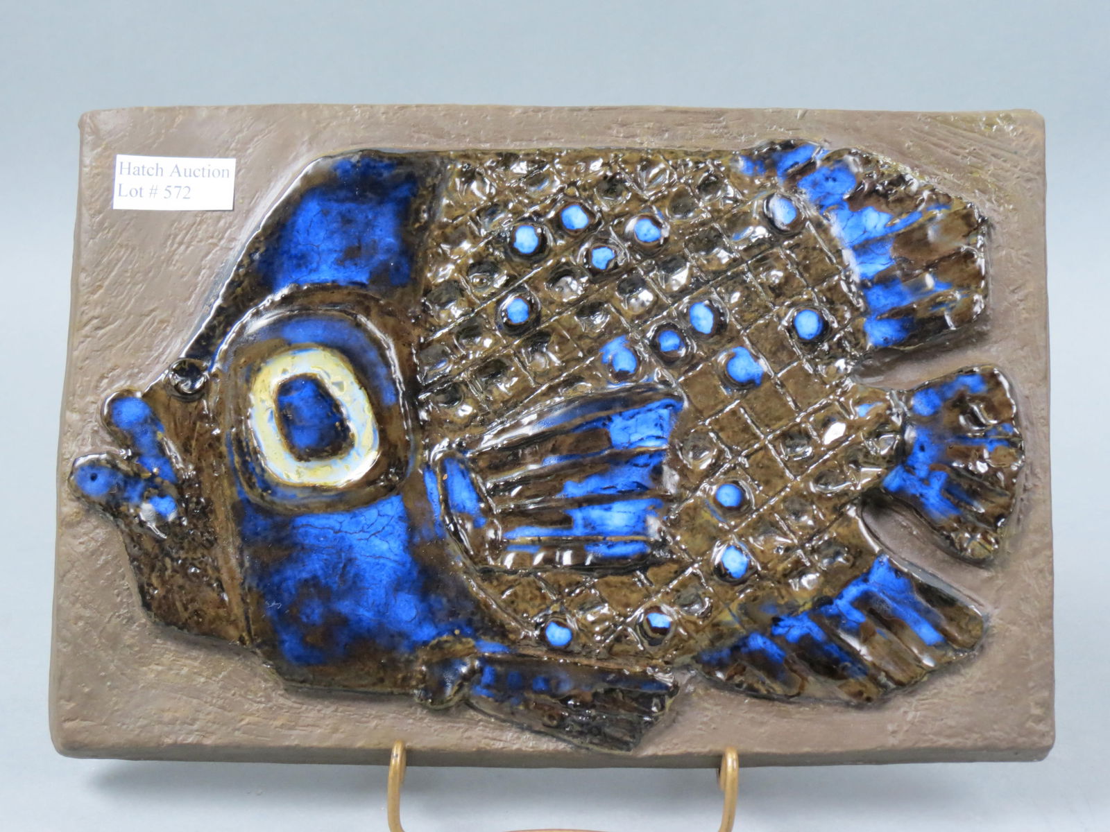 Royal Copenhagen Pottery Mid-Century Modern Plaque: with raised fish design, artist signed, #164/4912, 7 1/2" X 11 1/4", excellent.