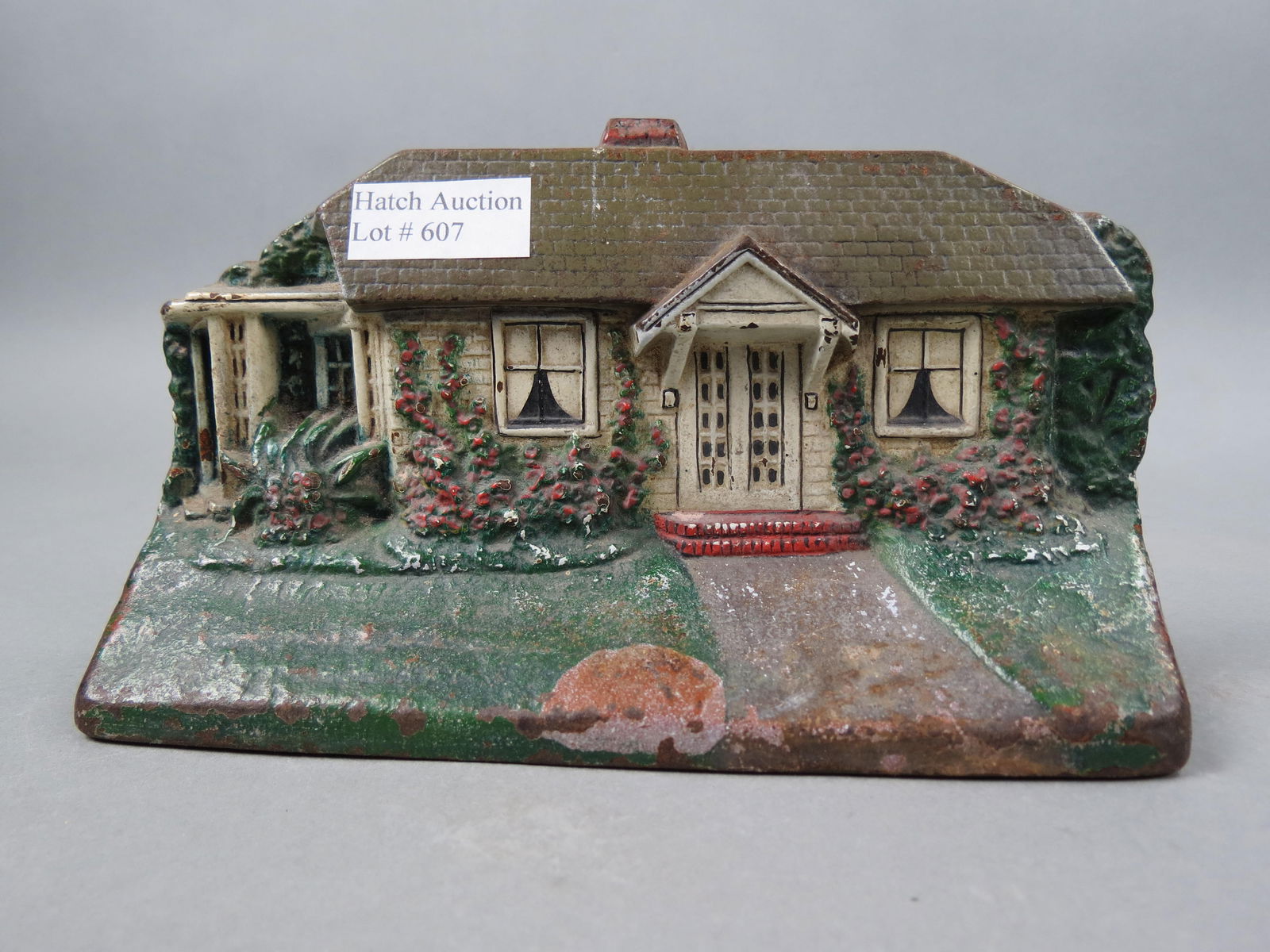 Antique Cast Iron Doorstop of a Cottage, signed Judd, (1 of 2)