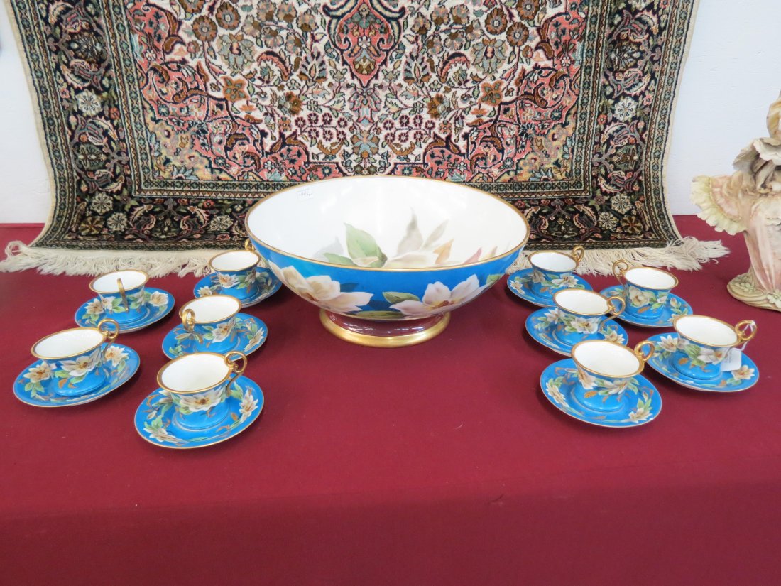 Limoges Porcelain Punchbowl and Cups Set, T & V, (1 of 8)