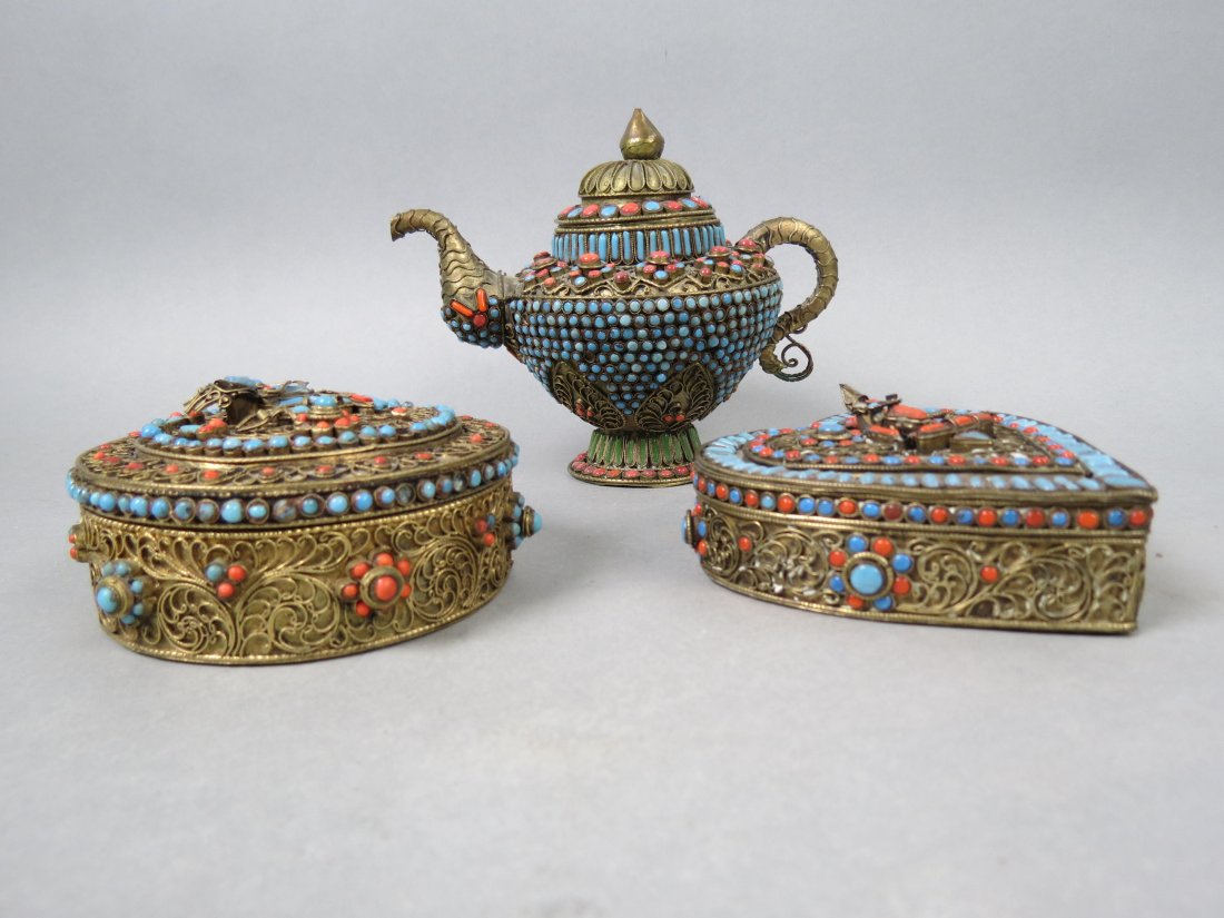 3 Tibetan Brass & Jeweled Items; teapot (1 of 6)