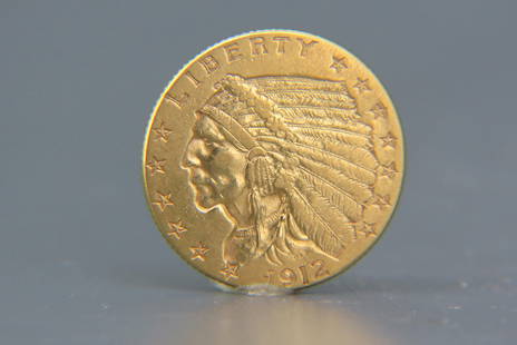 1912 U.S. $2.50 Indian Head Gold Coin,: extra fine to AU.