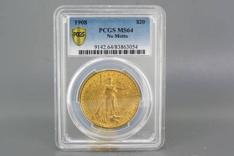 1908 U.S. $20.00 St. Gaudens Gold Coin, MS-64,: PCGS certified and graded, no motto variety.