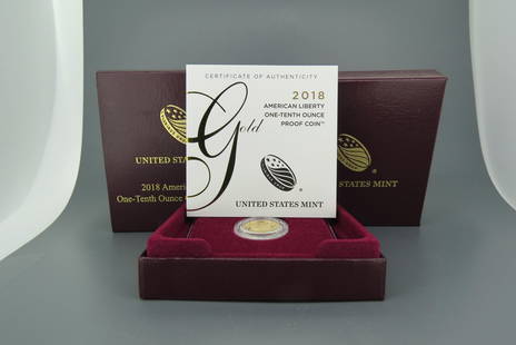 2018 $5.00 American Liberty Gold Coin, Proof,: 1/10th ounce, .999 fine gold, in original case with certificate.