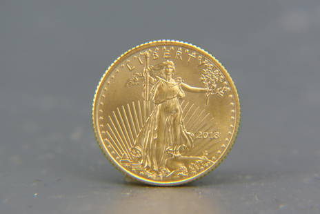 2018 $5.00 American Gold Eagle Coin, 1/10th: ounce, .999 fine gold, uncirculated.