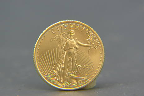 2018 $5.00 American Gold Eagle Coin, 1/10th: ounce, .999 fine gold, uncirculated.