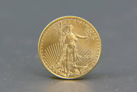 2018 $5.00 American Gold Eagle Coin, 1/10th: ounce, .999 fine gold, uncirculated.