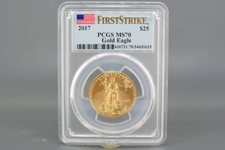 2017 U.S. $25.00 Gold Eagle Coin, MS-70, PCGS,: first strike, certified and graded, .999 fine gold, 1/2 ounce.