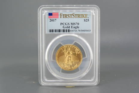 2017 $25.00 American Eagle Gold Coin, MS-70,: first strike, PCGS certified and graded, highest grade, 1/2 ounce, .999 fine gold.