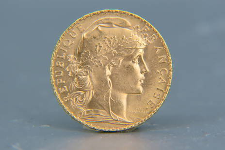 1912 France 20 Franc Gold Coin "Rooster",: uncirculated, .900 fine gold, .1867 AGW.