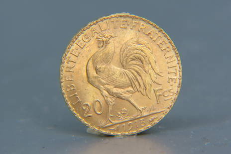 1913 France 20 Franc Gold Coin "Rooster",: uncirculated, .900 fine gold, .1867 AGW.