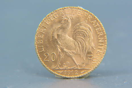 1912 France 20 Franc Gold Coin "Rooster",: uncirculated, .900 fine gold, .1867 AGW.