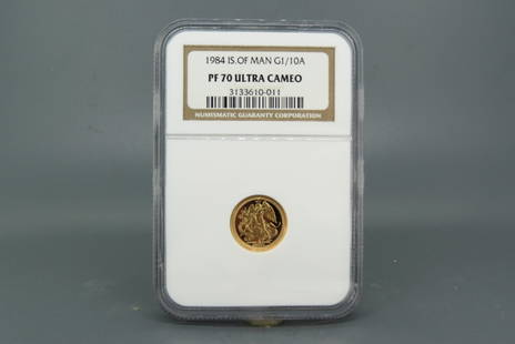 1984 Isle of Man Gold Coin "Angel", Proof-70,: Ultra Cameo, NGC certified and graded, in deluxe case.