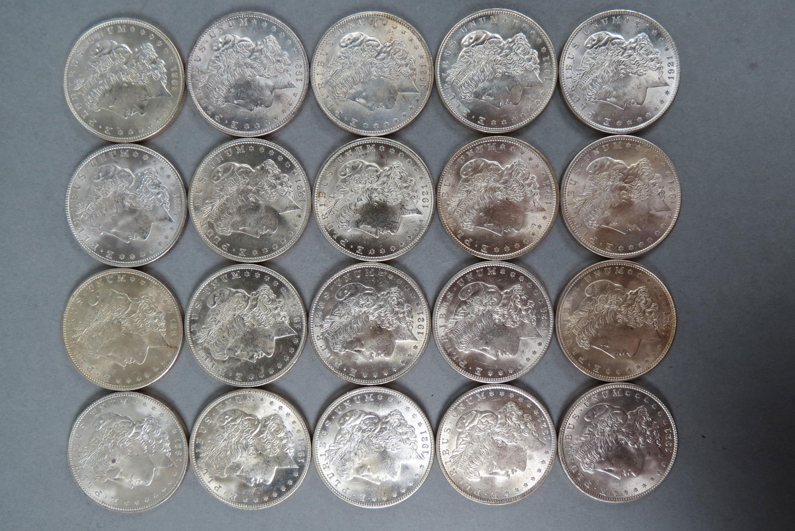 Roll of 20 1921 Morgan Silver Dollars, UNC, (1 of 2)