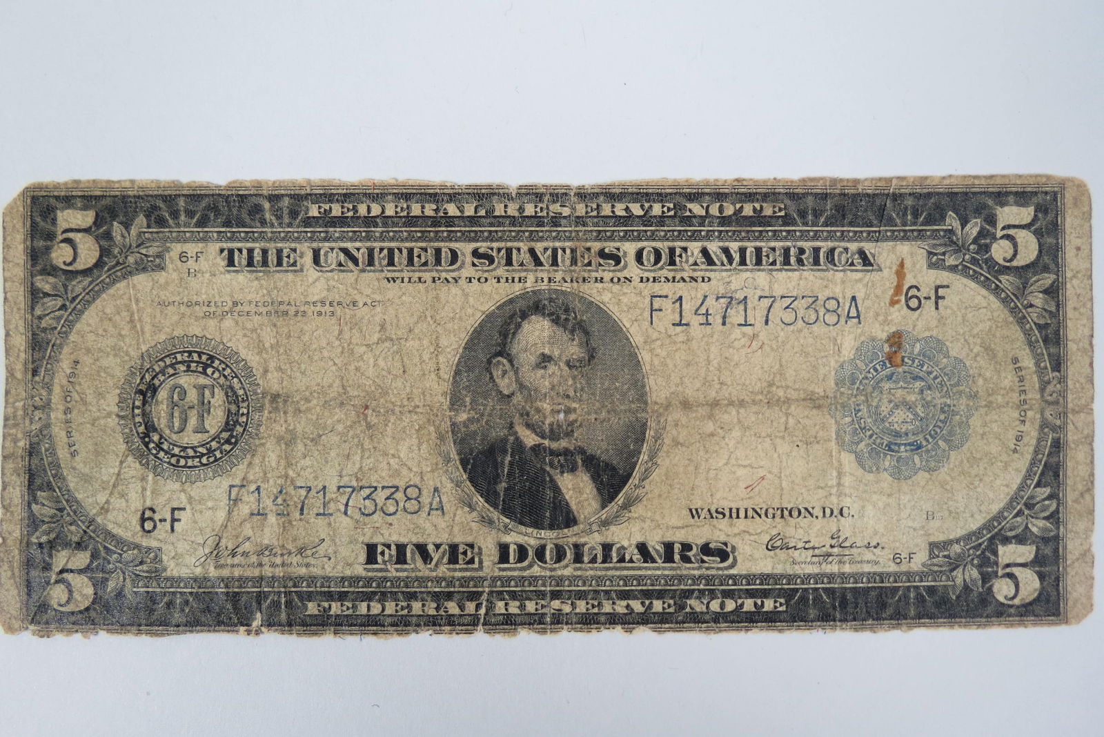 1914 U.S. $5.00 Federal Reserve Note, large size, (1 of 2)