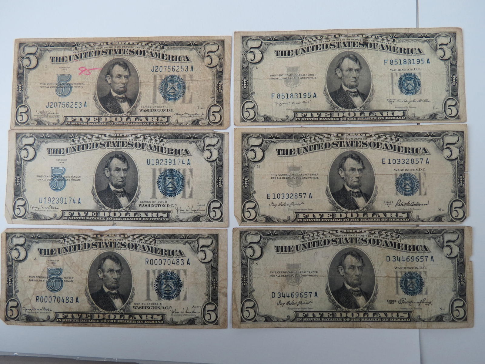 6-1934 & 1953 U.S. $5.00 Silver Certificates, (1 of 3)