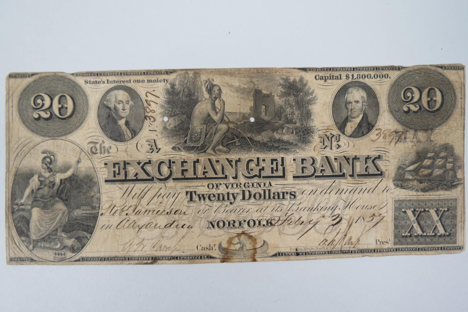 1857 U.S. $20.00 Exchange Bank of Virginia, (1 of 2)