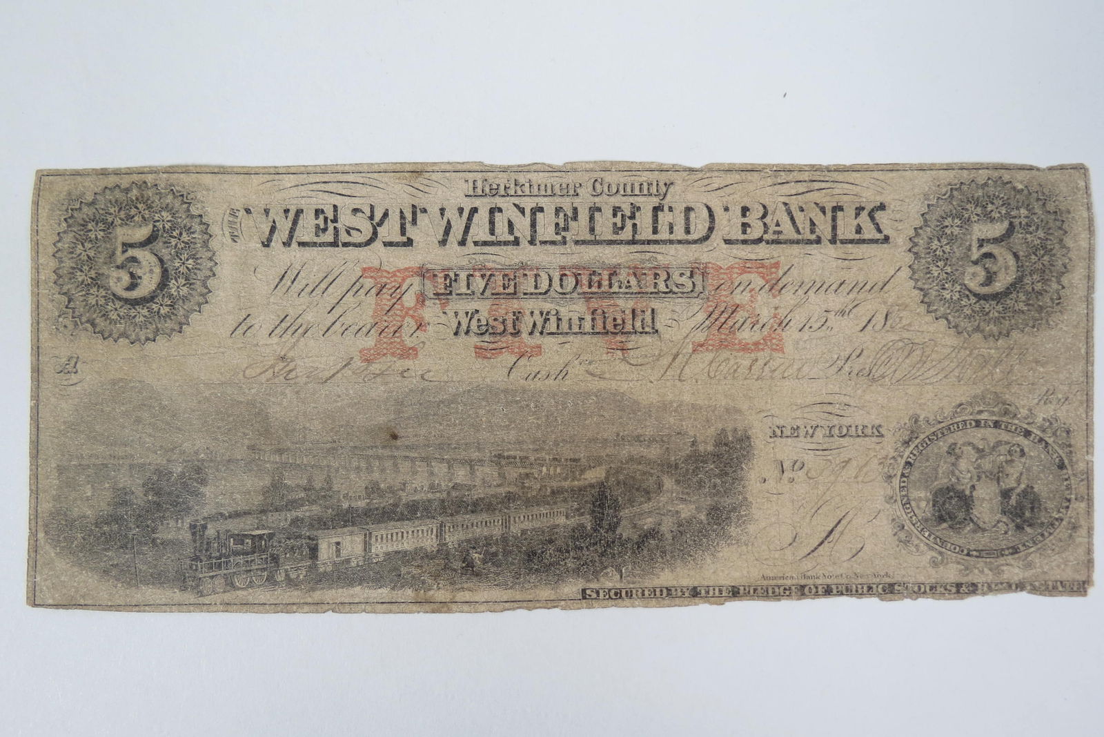 1862 U.S. $5.00 West Winfield Bank Note, (1 of 2)