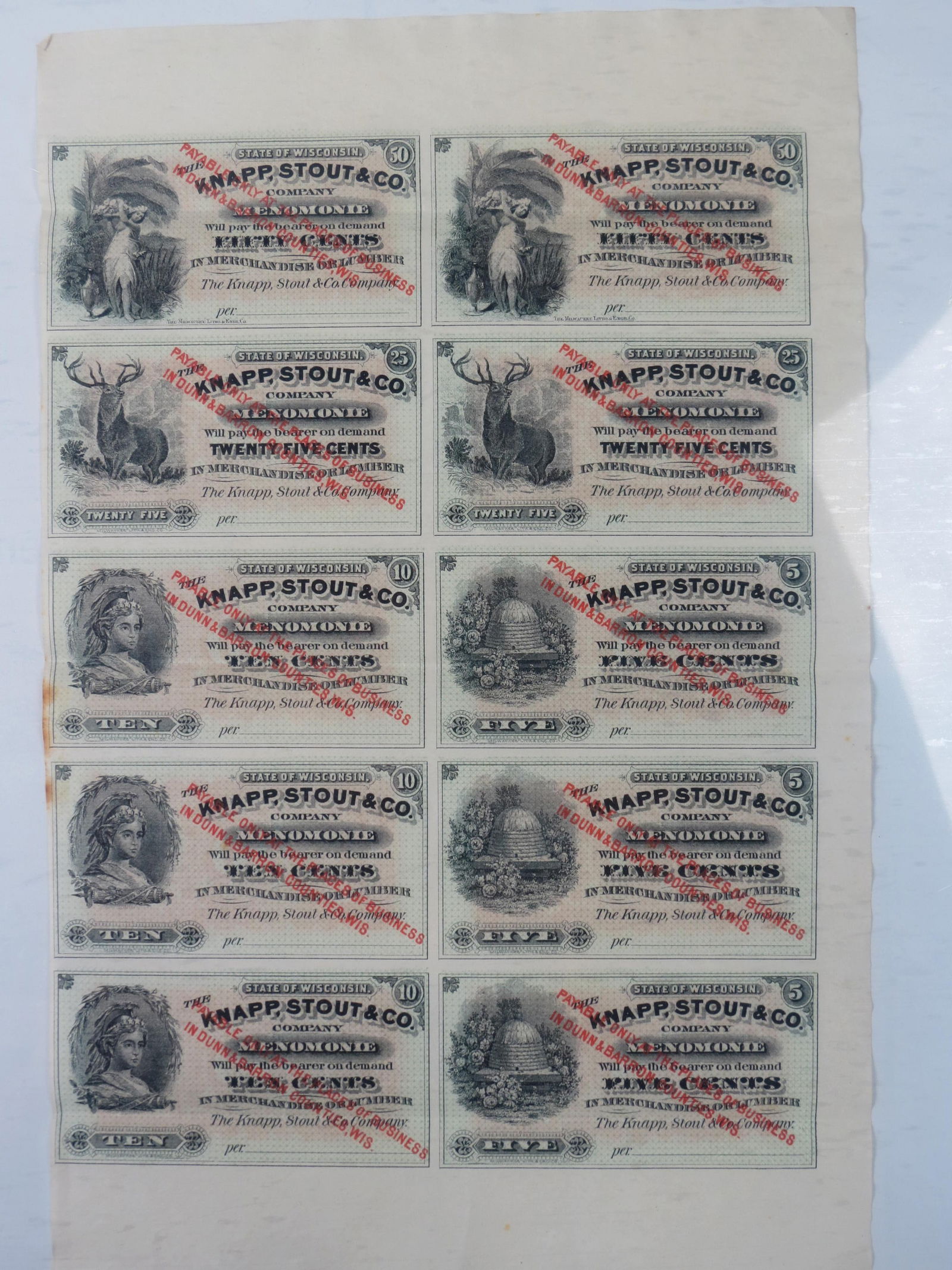 Sheet of 10 Wisconsin Lumber Script 5 to 50 Cents, (1 of 5)