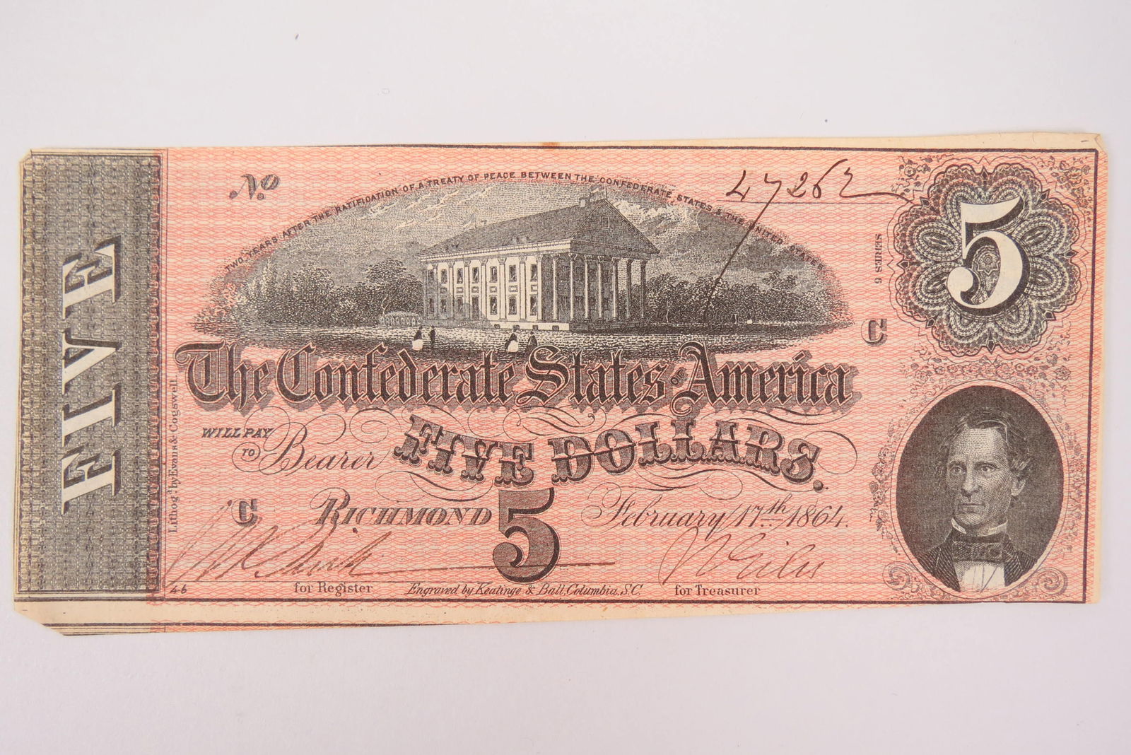 1864 $5.00 Confederate Note, Richmond, Virginia, (1 of 2)