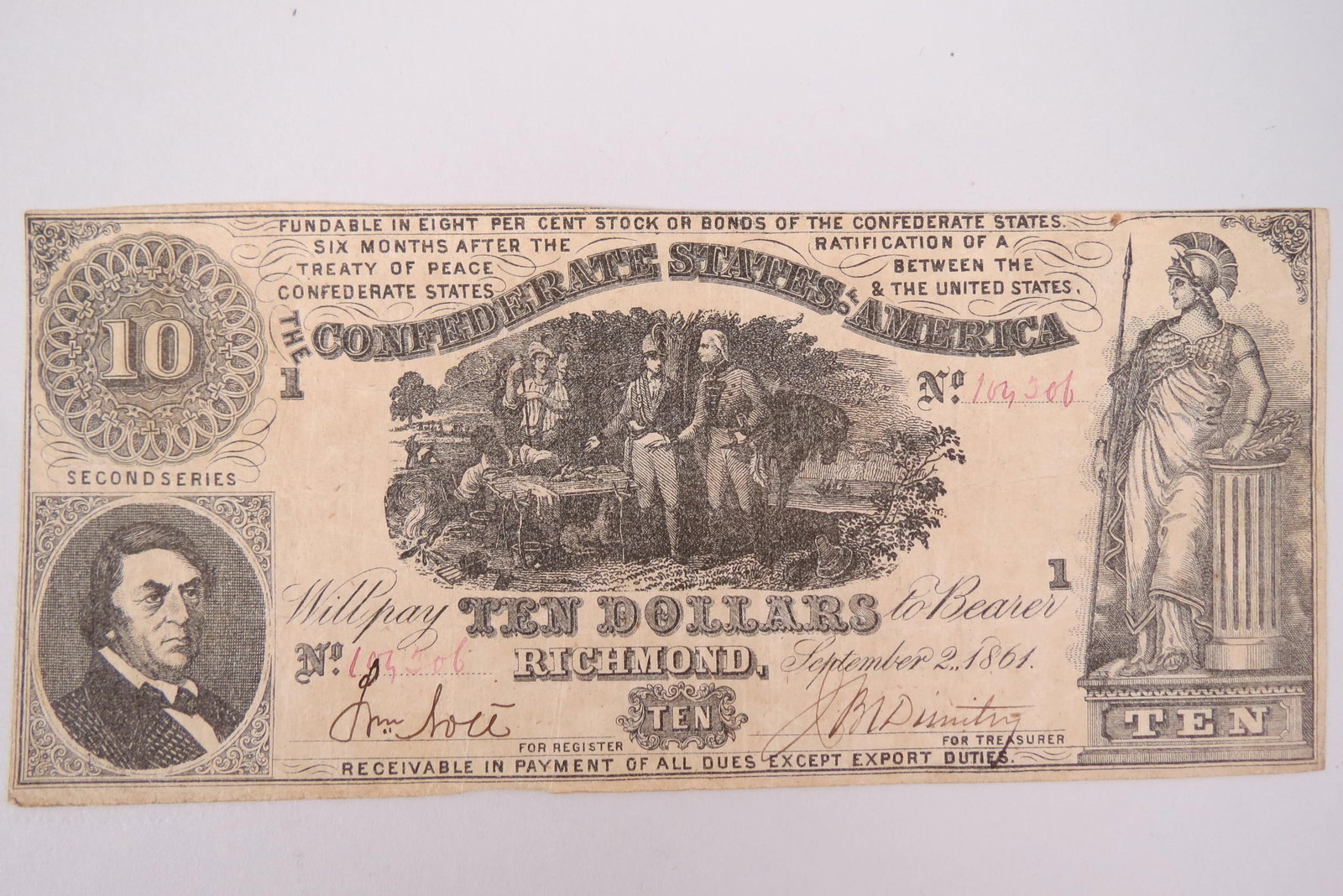 1861 $10.00 Confederate Note, (1 of 2)