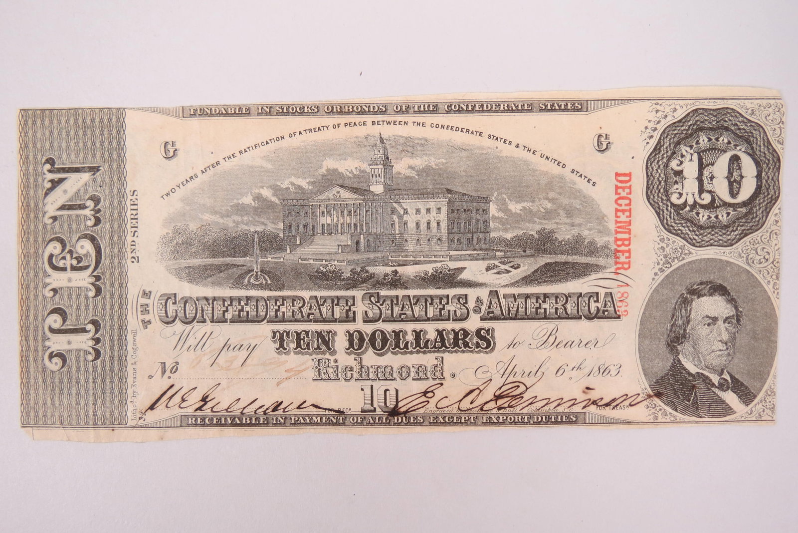 1863 $10.00 Confederate Note, Richmond, Virginia, (1 of 2)