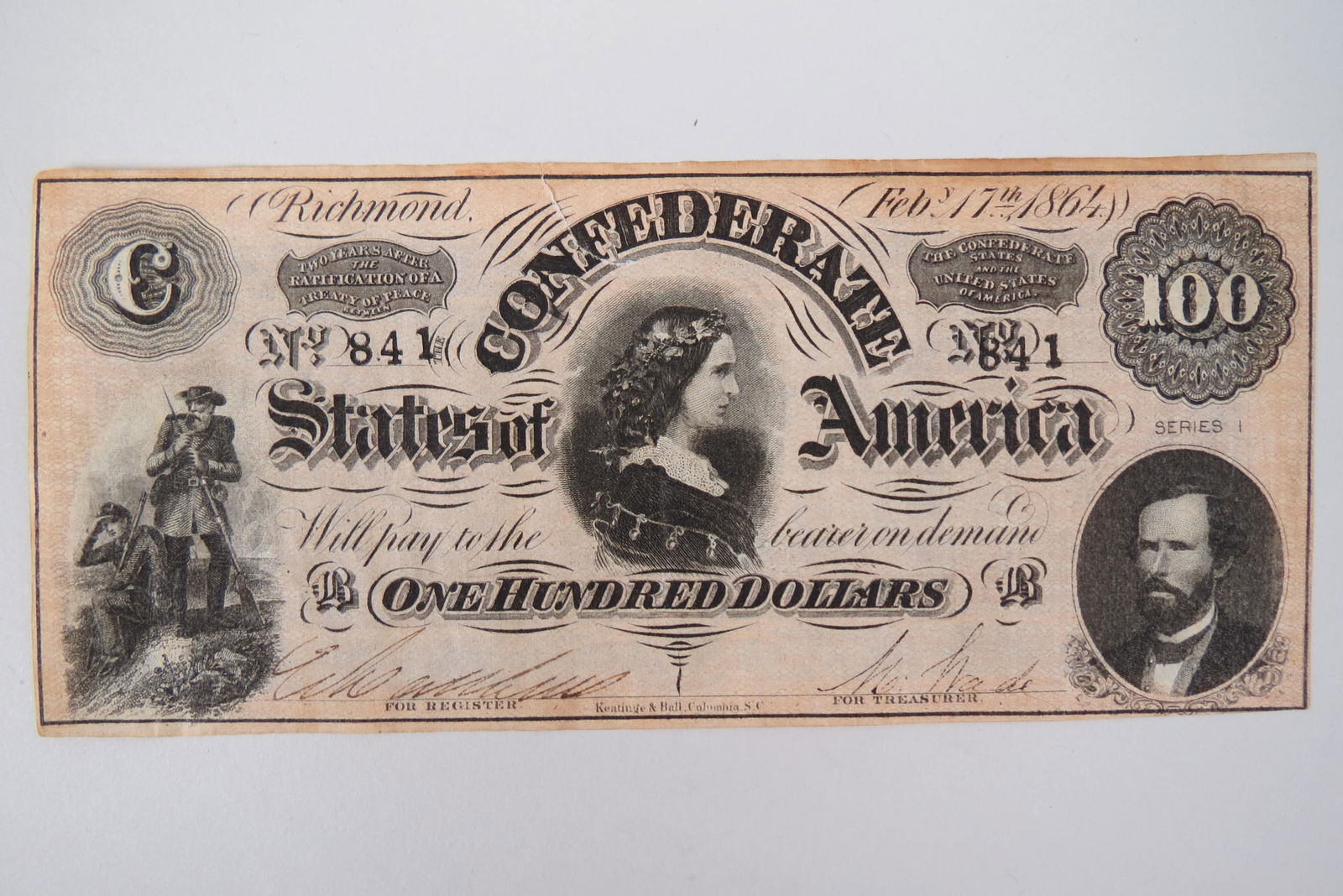 1864 $100.00 Confederate Note, Richmond, Virginia, (1 of 2)