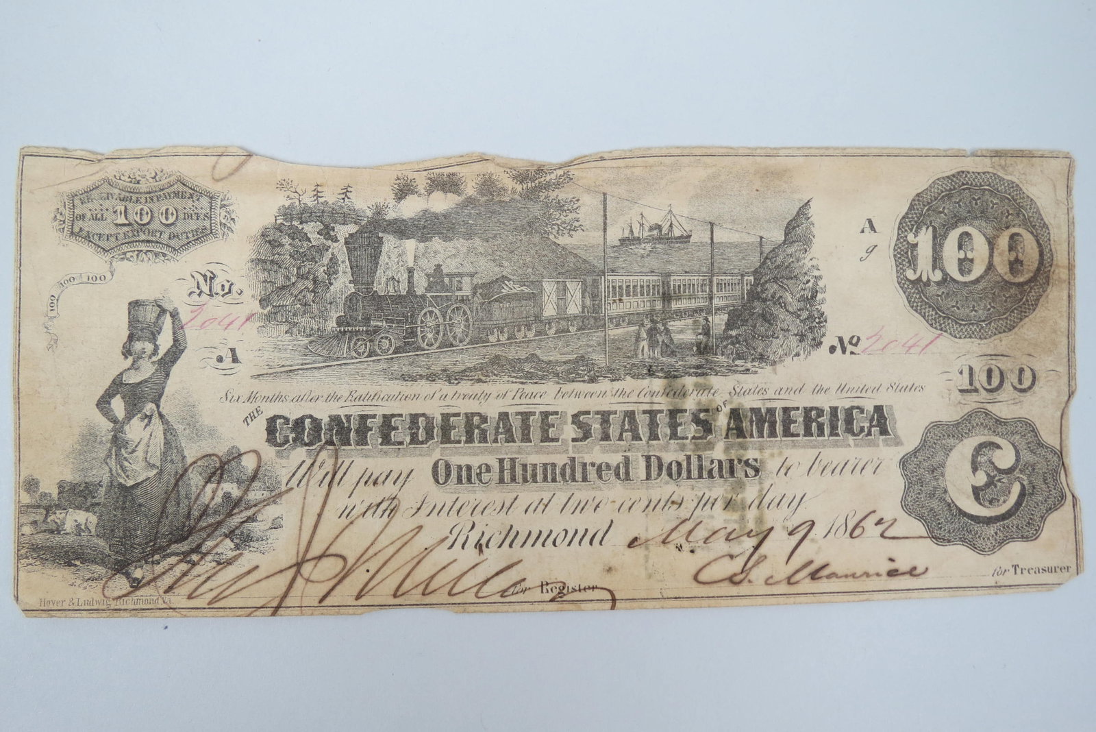 1862 $100.00 Confederate Note, Richmond, Virginia, (1 of 2)