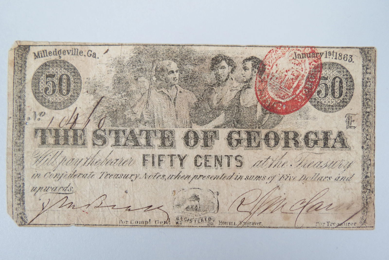 1863 50 Cent Confederate Note, Milledgeville, GA, (1 of 2)