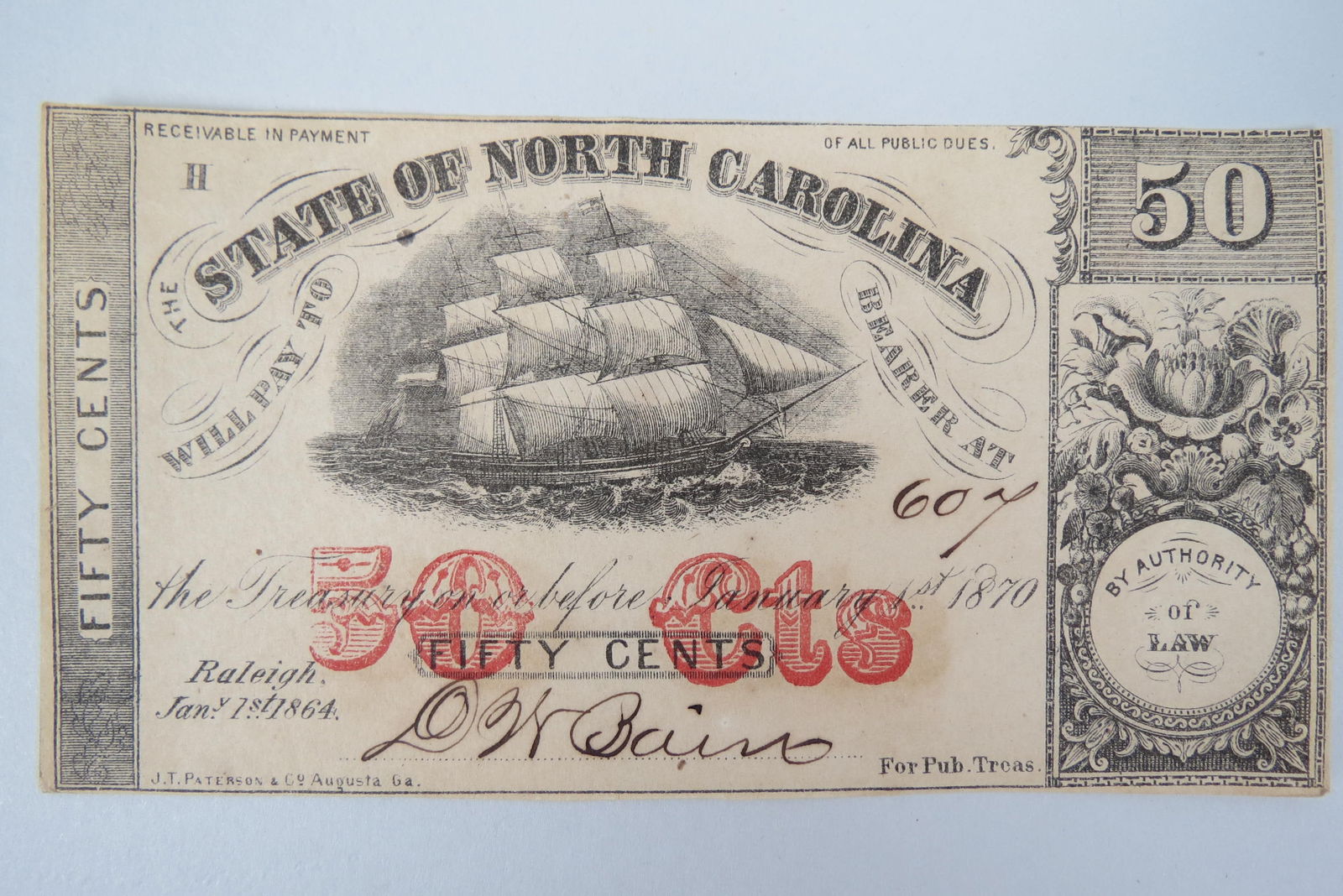 1864 50 Cent Confederate Note, Raleigh, NC, (1 of 2)