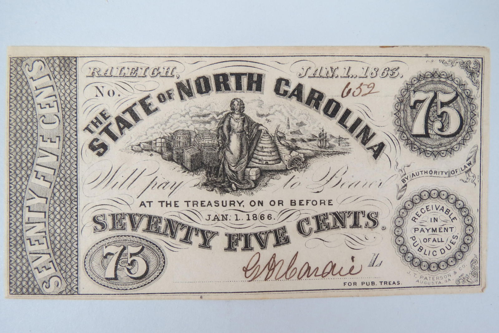 1863 75 Cent Confederate Note, Raleigh, NC, (1 of 2)