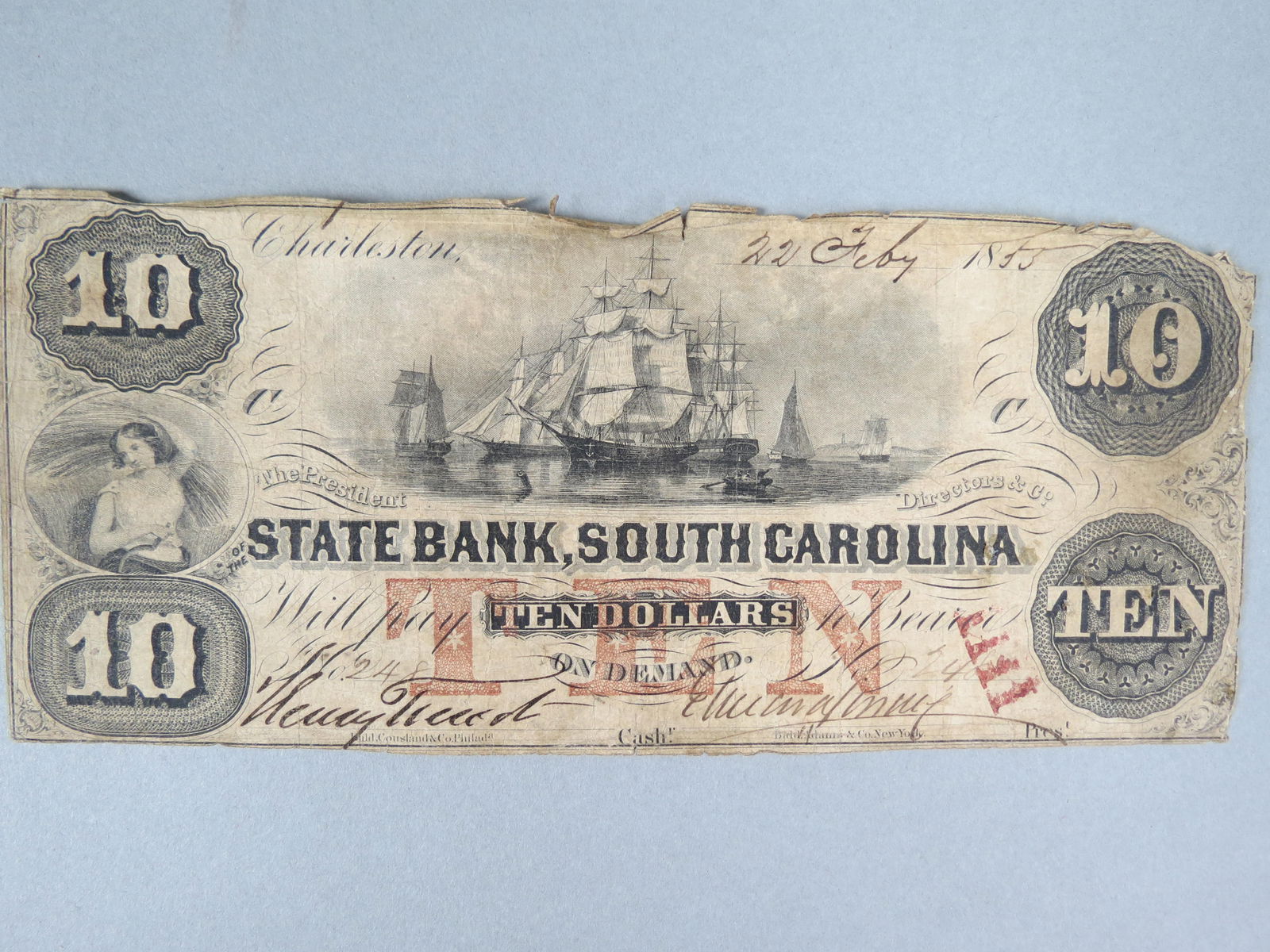 1855 $10.00 State Bank South Carolina Note, (1 of 2)
