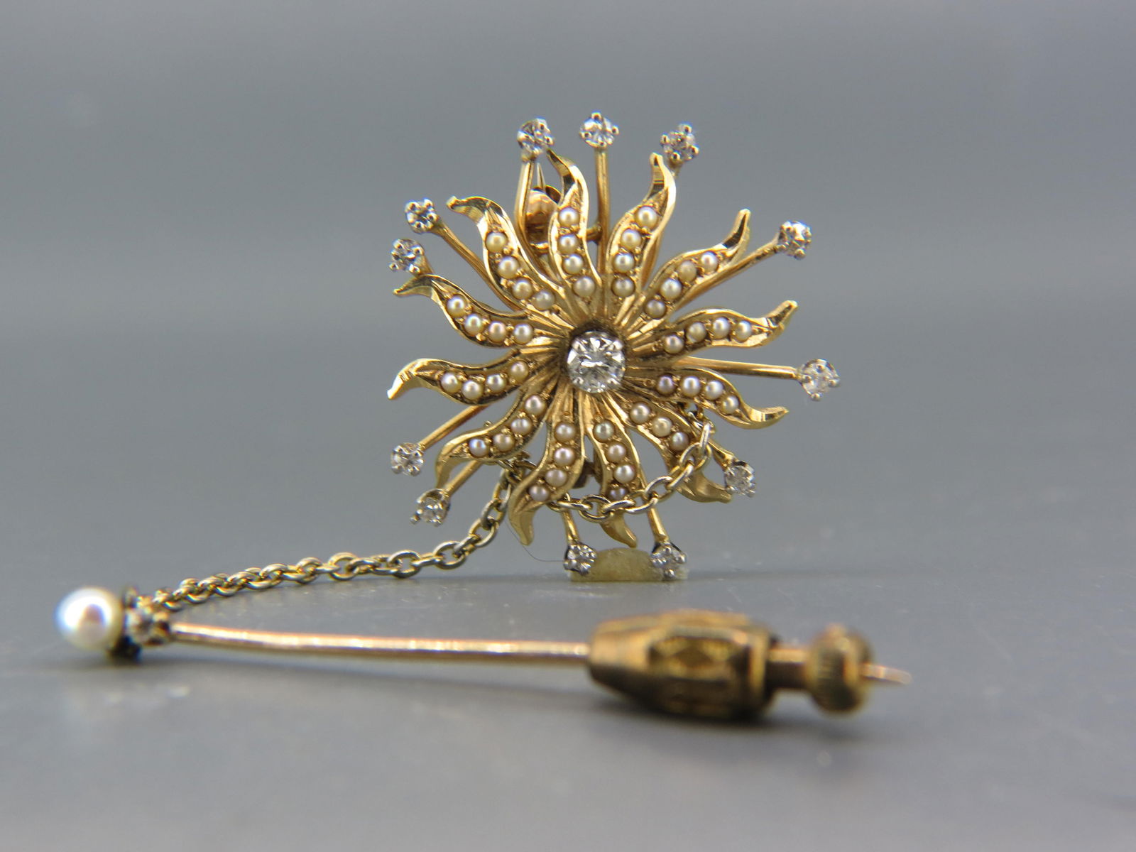 Diamond, Seed Pearl 14K Gold Brooch & Stickpin, (1 of 6)