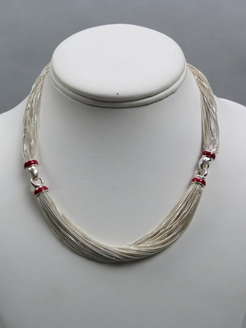 Tiffany Sterling & Enameled Necklace,: Italian, 50 strands in three stations with red enamel between, 62 grams, 17" long, signed, estate find still in original box, excellent