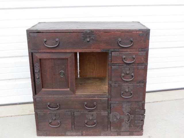 Asian Tansu Cabinet,: multiple drawers and doors, handmade iron handles and trim, 29" tall, 29" wide, 14" deep.