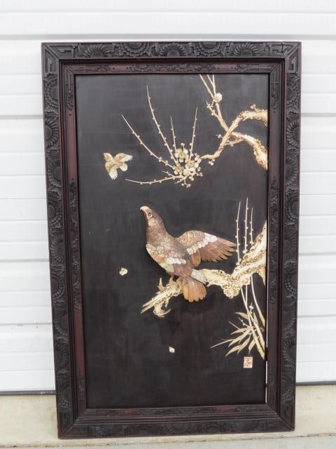 Japanese Meiji Period Wall Plaque, raised birds: and foliage in carved abalone and bone on black lacquer, carved frame, overall 26" X 41".