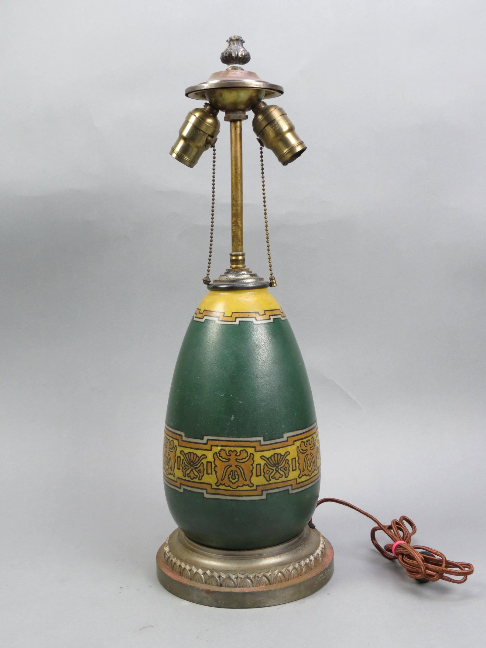 Art Glass Lamp Base,: banded design on green field, Arts & Crafts era, 23" tall, lacks cloth label.