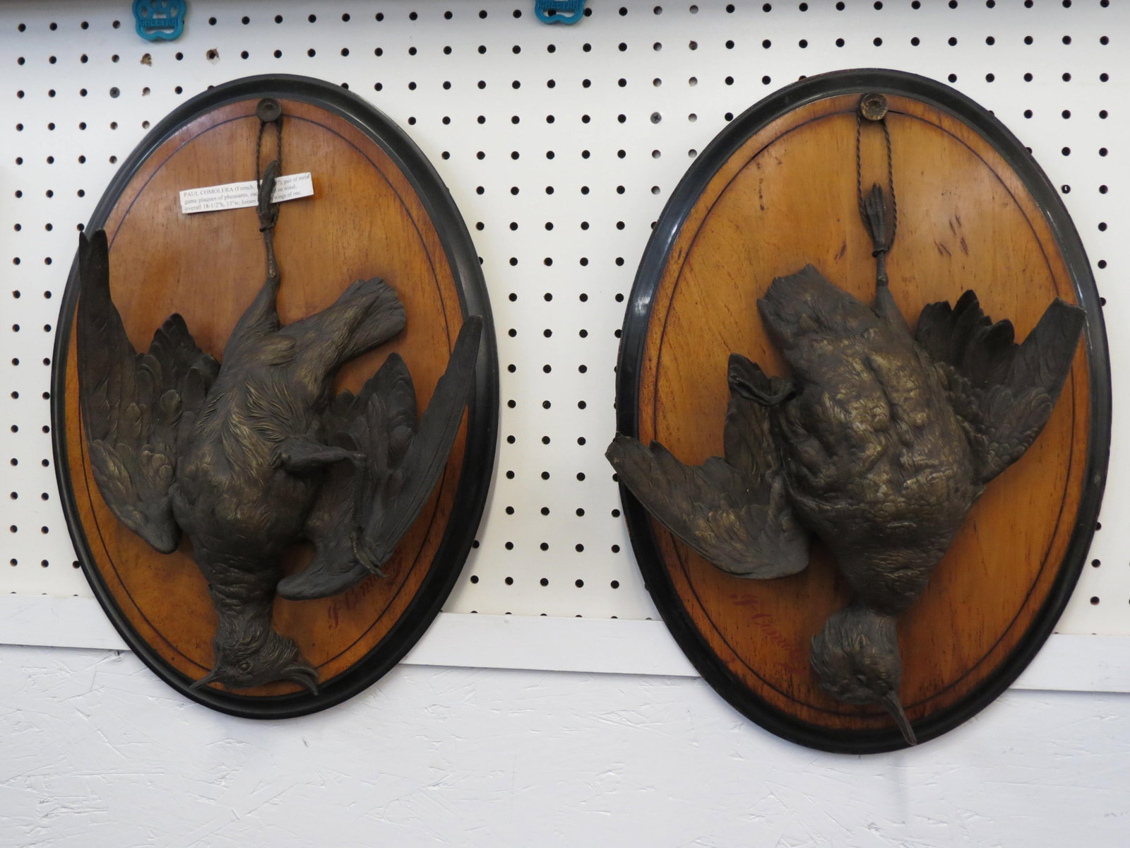 Paul Comolera, pair of Bronzed Gamebirds,: pheasants mounted on wooden plaques, signed, overall 18" X 13", well listed French artist, 1818-1897, one has wing tip loss....Paul Comolera was born in Paris in 1818 and died in Paris in 1897. A pupi