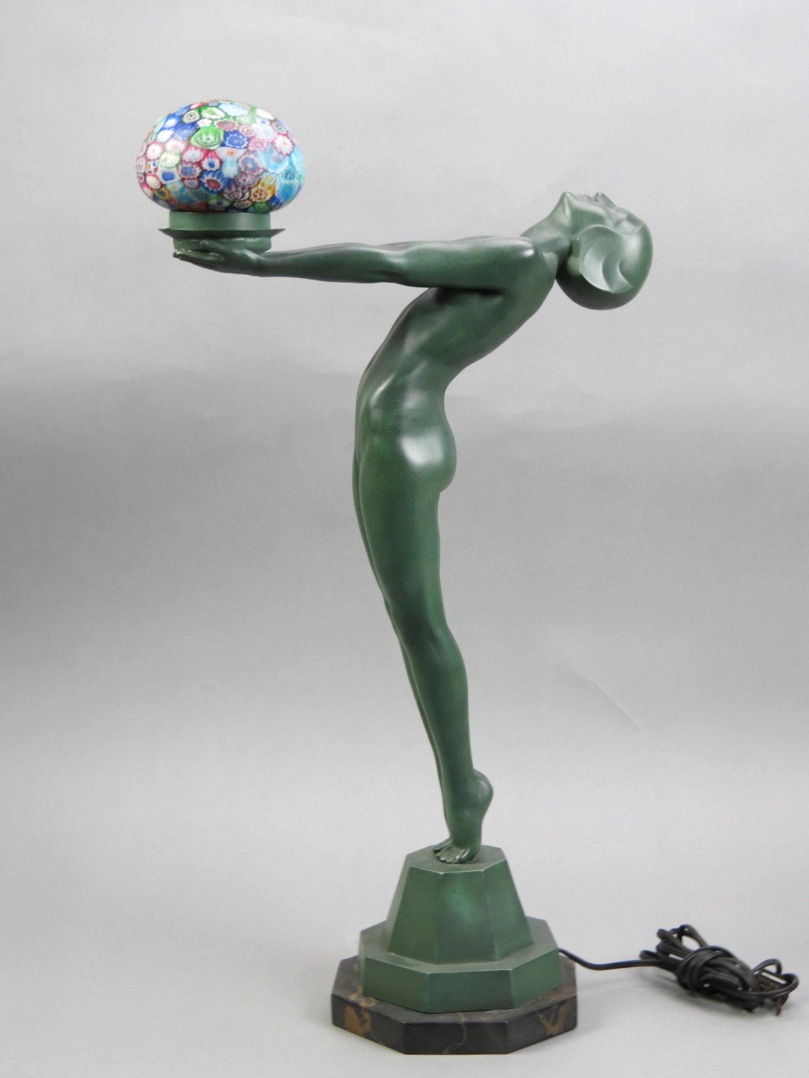 Max LeVerrier, bronze, Art Deco Nude Female Lamp,: she is holding a millefiori art glass ball style shade, original green finish on black marble base, signed, 26" tall, well listed artist..............Art Deco, which is widely considered to be an ecle